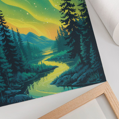Art print Aurora against the background of the forest and river, harmonious colors
