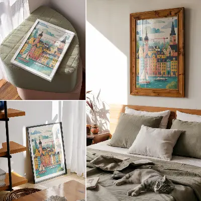 Decorative poster featuring colorful buildings by calm water in a mild climate