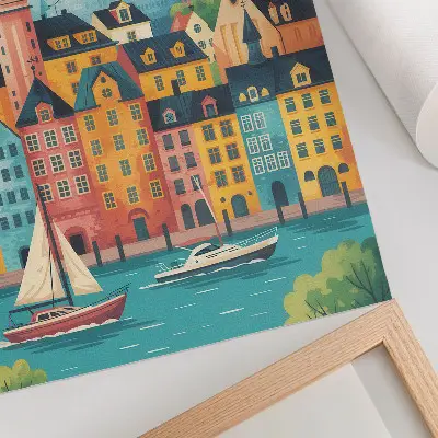 Decorative poster featuring colorful buildings by calm water in a mild climate