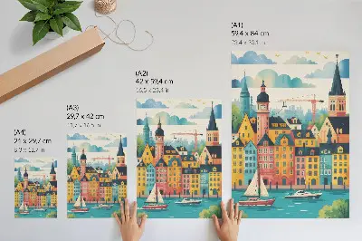 Decorative poster featuring colorful buildings by calm water in a mild climate