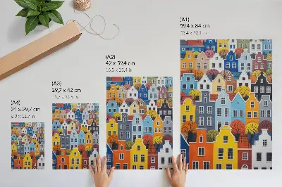 Poster colorful tenement houses with unique shapes and harmonious colors