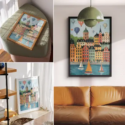 Premium wall art featuring a colorful atmosphere with tenement houses, balloons, and sailboats