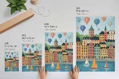 Premium wall art featuring a colorful atmosphere with tenement houses, balloons, and sailboats