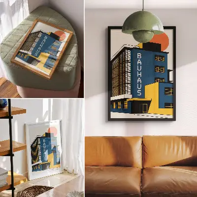Poster navy blue Bauhaus building with yellow accents and modern design