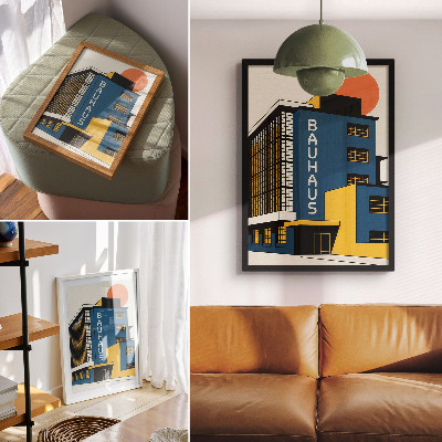 Poster Navy blue Bauhaus building with yellow accents and modernity