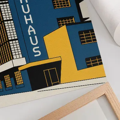Poster navy blue Bauhaus building with yellow accents and modern design