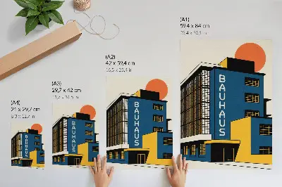 Poster navy blue Bauhaus building with yellow accents and modern design