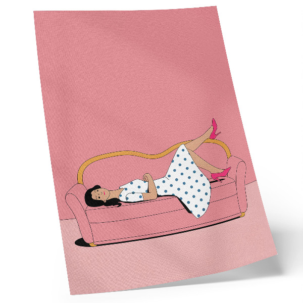 Art print Peaceful relaxation scene woman pink sofa
