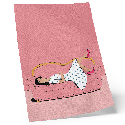 Art print Peaceful relaxation scene woman pink sofa