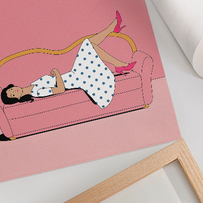 Art print Peaceful relaxation scene woman pink sofa