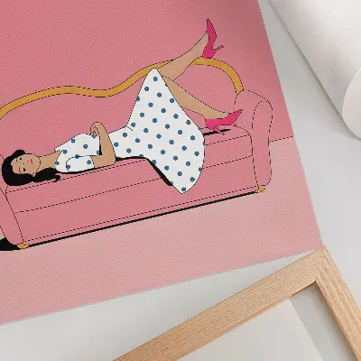 Art print woman relaxing on a pink sofa