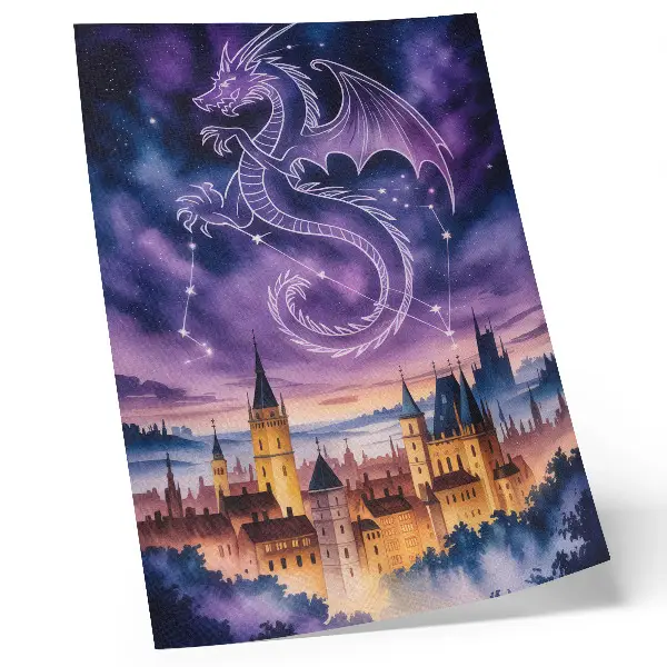 Decorative poster featuring a fantasy world with a dragon, castle, sky, stars, and space