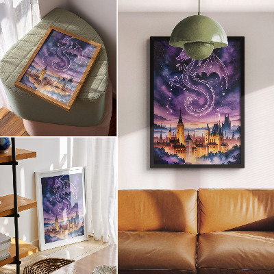 Decorative poster Fantasy world dragon castle sky stars space
