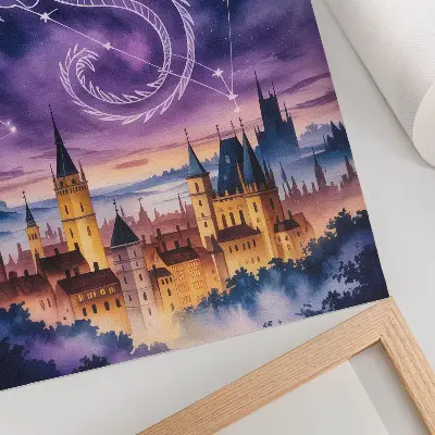 Decorative poster featuring a fantasy world with a dragon, castle, sky, stars, and space