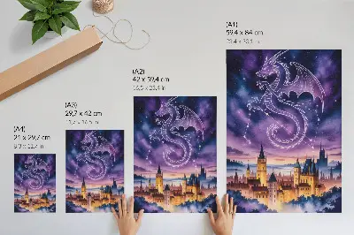 Decorative poster featuring a fantasy world with a dragon, castle, sky, stars, and space