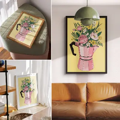 Modern coffee pot wall art pink illustration
