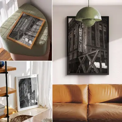 Black and white architectural wall art with neon hotel lights