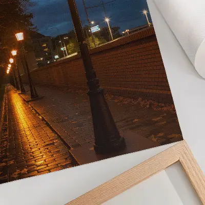 Decorative poster night alley with warm glowing lamps and peaceful atmosphere