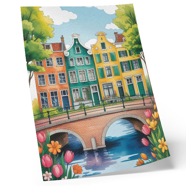 Decorative poster Colorful tenement houses by the canal, illustrative style