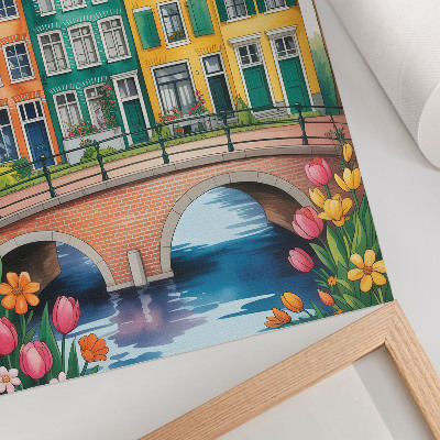 Decorative poster Colorful tenement houses by the canal, illustrative style