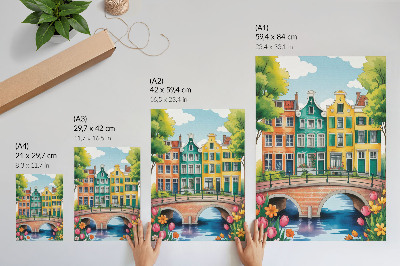 Decorative poster Colorful tenement houses by the canal, illustrative style