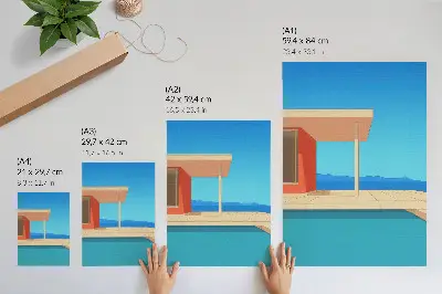 Decorative poster featuring a bright orange building with a blue sky view