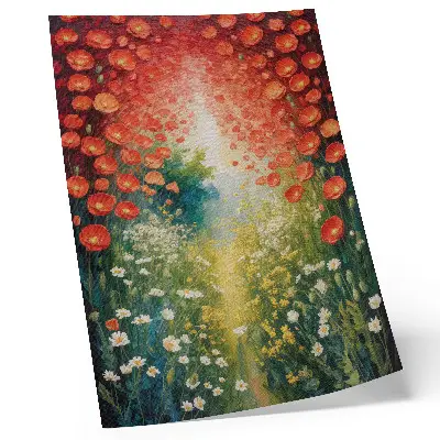 Poster with a three-dimensional background featuring red flowers and green accents