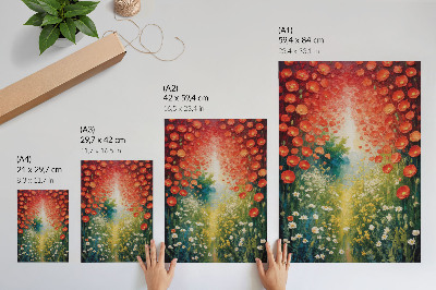 Poster Red flowers, green accents, three-dimensional background