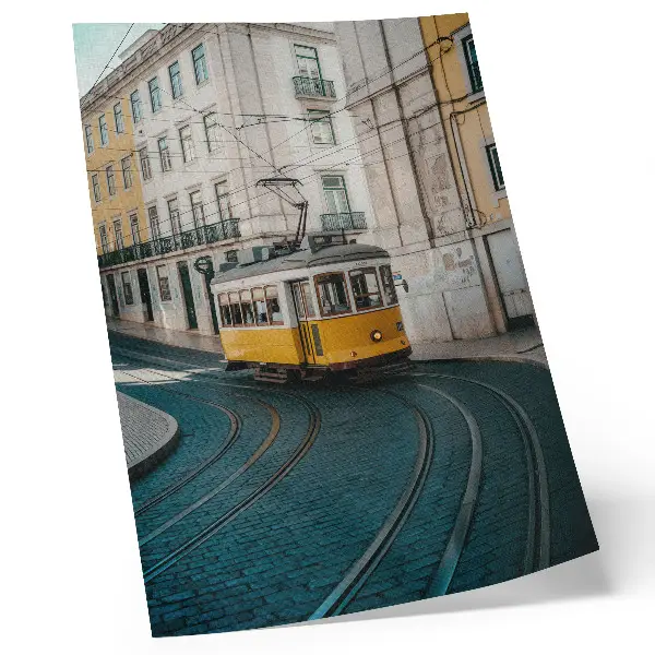 Art print a yellow tram on a city street curve