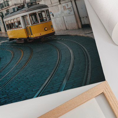 Art print A yellow tram on a bend in a city street