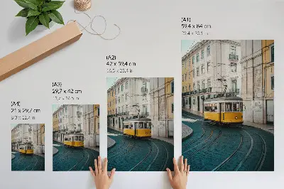 Art print a yellow tram on a city street curve