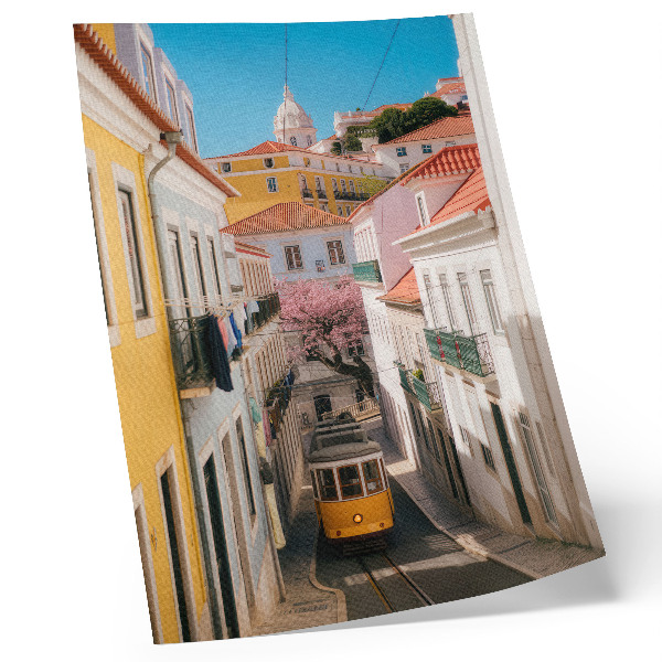 Poster A street with a tram, pastel tenement houses, flowers