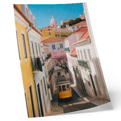 Poster A street with a tram, pastel tenement houses, flowers