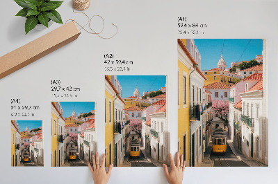 Poster A street with a tram, pastel tenement houses, flowers
