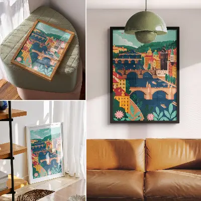 Premium wall art colorful city landscape with bridges and nature