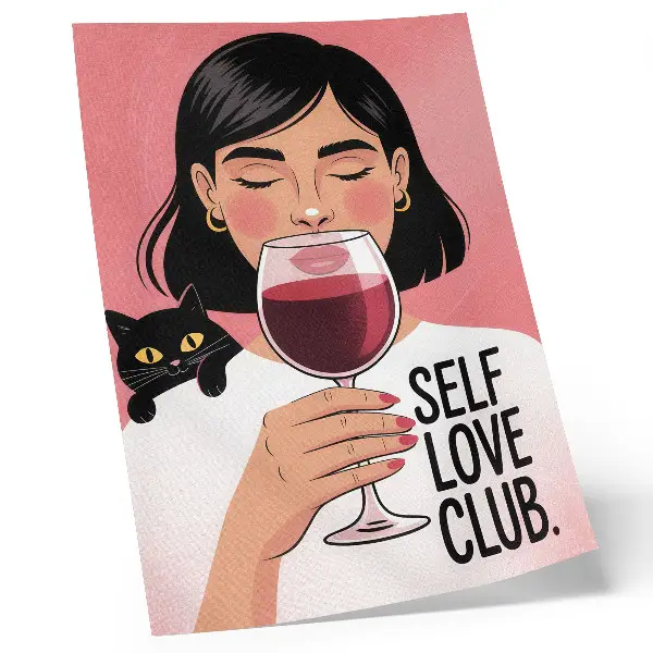 Decorative poster woman with wine and cat illustration