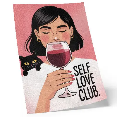Decorative poster woman with wine and cat illustration