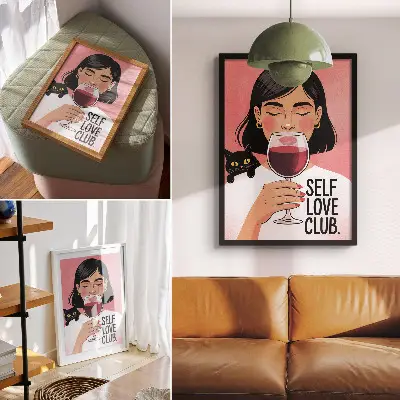 Decorative poster woman with wine and cat illustration