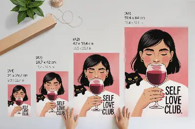 Decorative poster woman with wine and cat illustration