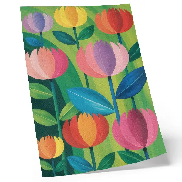 Poster colorful geometric flowers and leaves on a green background