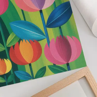 Poster colorful geometric flowers and leaves on a green background