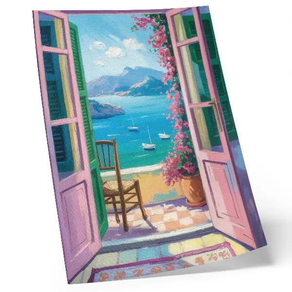 Premium wall art open door view of bright flowers and sailboats on the blue sea