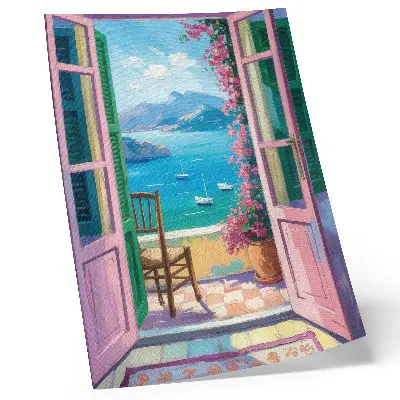 Premium wall art open door view of bright flowers and sailboats on the blue sea