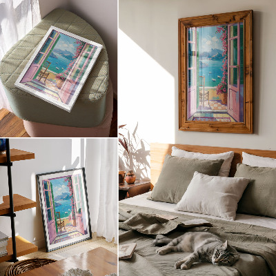 Premium wall art Open door bright flowers sea blue sailboats