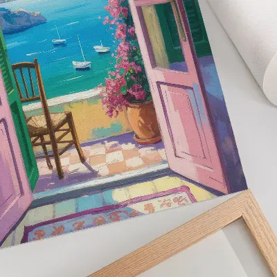 Premium wall art open door view of bright flowers and sailboats on the blue sea