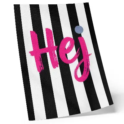 Decorative poster with black and white stripes and pink lettering