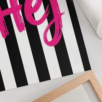 Decorative poster with black and white stripes and pink lettering