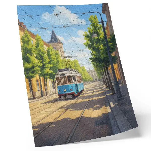 Art print sunny street tram in green and blue