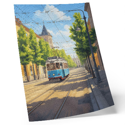 Art print Sunny street tram green and blue