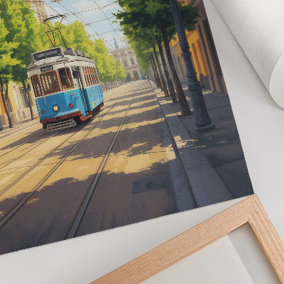 Art print Sunny street tram green and blue